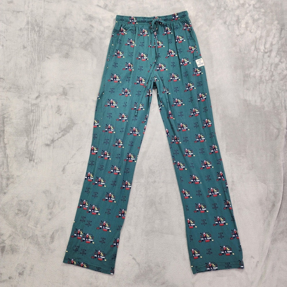 Life Is Good Pajama Pants Mens S Green Camping Dog Print Jersey Sleepwear Lounge
